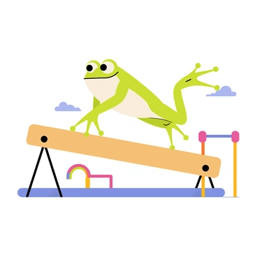 An agile frog with green skin and large, expressive eyes is performing flips and stunts on a wooden gymnastics beam. The frog is in mid-air, showcasing an impressive backflip, with its legs extended and toes pointed. The gymnastics beam is supported by small stands, and the background features a bright blue sky. There are colorful pommel horse and parallel bars nearby, adding to the gymnastic environment. The frog has a determined expression, emphasizing its focus and skill during the routine.