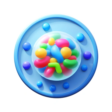 A lysosome depicted as a translucent bubble filled with brightly colored digestive enzymes. The bubble has a semi-opaque surface that allows visibility of the enzymes swirling inside. The lysosome is located within a cellular environment surrounded by the cell membrane and other organelles, showcasing its intimate connection with the cellular structure. The cell membrane appears as a thin layer encapsulating the entire scene.