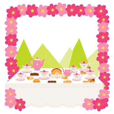 A dazzling frame made from bright fuchsia blooms encircles a lovely tea party setup. The tea party features a white tablecloth adorned with a delicate lace trim. On the table, there is a colorful array of teacups and saucers, intricately designed with floral patterns. A teapot, embellished with gold accents, sits at the center, surrounded by a selection of pastries and finger sandwiches on decorative plates. In the background, a soft green garden setting complements the vibrant fuchsia flowers framing the scene.