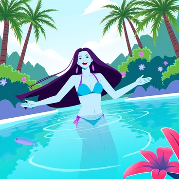 A young anime girl with long flowing hair, wearing a vibrant blue bikini, is swimming in a tranquil lagoon. The water is crystal clear, reflecting the sunlight, while small ripples form around her. Lush greenery surrounds the lagoon with tall palm trees and vibrant tropical plants. Brightly colored flowers are scattered throughout the foliage, adding splashes of color. The girl's expression is one of joy and freedom as she glides through the water, with her arms outstretched. Small fish can be seen swimming near her, adding life to the serene scene.