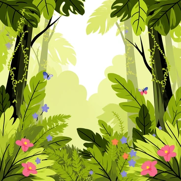 A dense rainforest scene featuring a variety of lush green plants. Large, broad-leaved trees tower above, their trunks thick and textured. Vines drape between the branches, intertwining with colorful flowers. Ferns grow densely on the forest floor, creating a rich carpet of greenery. Small, brightly colored birds flit between the branches, and a few butterflies hover around the vibrant blossoms. Sunlight filters through the thick canopy, casting dappled patterns on the ground.