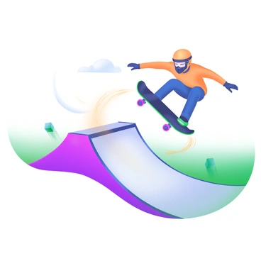 A skateboarder is performing an impressive trick on a ramp, showcasing dynamic movement. The skateboarder is wearing a bright helmet and protective gear, with vibrant clothing. Sparks are visibly flying from the wheels of the skateboard as it makes contact with the ramp, highlighting the friction. The ramp is designed with a smooth surface, and the background features a clear sky. The skateboarder is captured mid-air, adding to the sense of action and excitement in the scene.