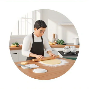 A chef, wearing a white chef's coat and a black apron, is rolling out fresh pasta dough on a wooden countertop in a well-lit kitchen. The chef is focused, using a rolling pin to flatten the dough, which is dusted with flour. Various kitchen tools, such as a cutting board, a knife, and a flour sifter, are arranged nearby. A pot of boiling water sits on a stove in the background, with fresh herbs and vegetables scattered around the kitchen. Sunlight streams through the window, illuminating the chef and the dough.