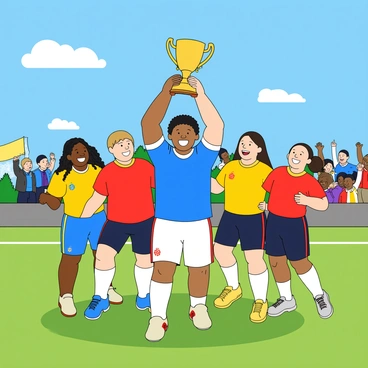 A diverse team of five players, including two women and three men, joyfully celebrates their victory. They are standing on a green football field, with bright sunlight illuminating the scene. The team members wear colorful jerseys in blue, red, and yellow, with their team's logo visible on the front. One player, a tall man with dark hair, raises a shiny gold trophy high above his head, while the others cheer around him with wide smiles. The sky is a vibrant blue with a few fluffy white clouds scattered above. In the background, a small crowd of fans can be seen, holding up banners and cheering.