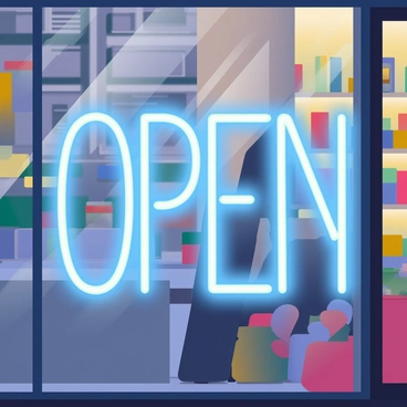 A glowing neon sign with the word "Open" is prominently displayed in a shop window. The letters are bright blue, emitting a soft glow that lights up the surrounding area. The sign is framed by a sleek black outline, contrasting against the clear glass. Reflections of the bustling street outside can be seen on the window. The interior of the shop has warm lighting, creating a welcoming atmosphere. Various colorful merchandise is visible on shelves behind the sign.