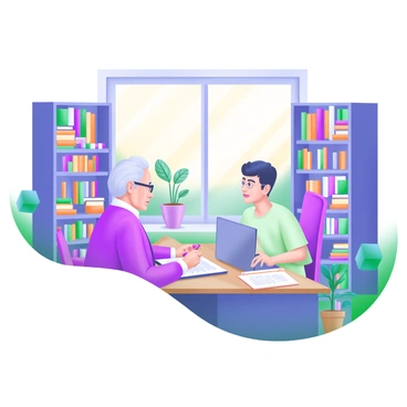 A bright university office filled with bookshelves stacked with books. In the center, an experienced scholar with gray hair wearing glasses is seated at a wooden desk covered with papers and a laptop. The scholar is engaged in conversation with a young student, who has short black hair and is dressed casually. The student is taking notes on a notepad and looking attentively at the scholar. Sunlight streams through a large window, illuminating the room, and there are plants in ceramic pots placed around the office, adding a fresh touch to the atmosphere.
