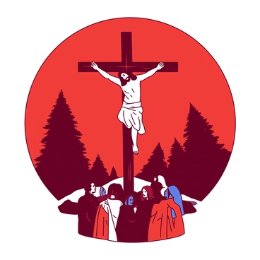 A red sky serves as the backdrop for a poignant scene featuring "Jesus on the cross." Jesus, wearing a simple, flowing white robe, is nailed to a rugged wooden cross that stands prominently against the horizon. Surrounding the cross, there are dark silhouettes of trees, adding depth to the image. Below the cross, a small group of figures in muted tones of red and blue are gathered, looking up with expressions of sorrow and reverence. The ground is uneven and rocky, suggesting a solemn landscape.