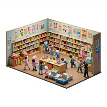 A whimsical children's toy department at Harrods, filled with a variety of colorful toys including plush animals, building blocks, and dolls. The space is adorned with bright decorations and posters featuring popular characters. Several delighted children are exploring the aisles, some holding toys while others are engaged in interactive displays. The area is bustling with excitement, showcasing shelves overflowing with games and educational toys, all contributing to a lively and cheerful atmosphere.