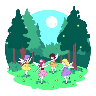 A circle of small fairies with delicate wings is dancing in a vibrant green forest clearing. The fairies are wearing colorful dresses made from petals and leaves, each glowing softly under the moonlight. The full moon hangs above, illuminating the scene with a pale silver light. Tall trees surround the clearing, their leaves shimmering in the gentle breeze. Small glowing orbs of light float around the fairies, adding a magical ambiance to the night. The grass beneath them is lush and dotted with tiny wildflowers.
