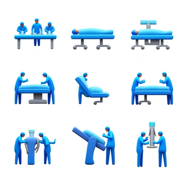 A detailed depiction of a hip replacement procedure in a medical setting. The first step shows a surgical team preparing the instruments on a sterile table. The second step illustrates the patient lying on the operating table, marked for incision. The third step captures the surgeon making an incision on the hip, revealing the underlying joint. The fourth step features the removal of the damaged hip joint, displaying the tools used for extraction. The fifth step presents the insertion of the artificial hip joint, showcasing the connection to the femur. The final step shows the surgical team stitching the incision and monitoring the patient’s vitals.