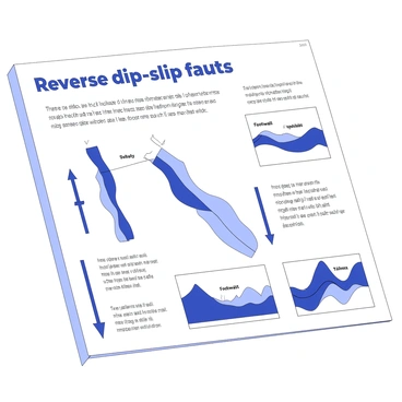 An educational poster aimed at schools explaining "reverse dip-slip faults." The poster features a large, clear diagram showing the geological structure of a reverse dip-slip fault, with labeled sections including the hanging wall and footwall. There are arrows indicating the direction of movement along the fault plane. Additional smaller diagrams illustrate examples of reverse dip-slip faults in various geological settings, such as mountains and valleys. Each diagram is accompanied by concise text descriptions, explaining the characteristics and formation of reverse dip-slip faults. The overall layout is organized and visually engaging, designed to facilitate understanding for students.