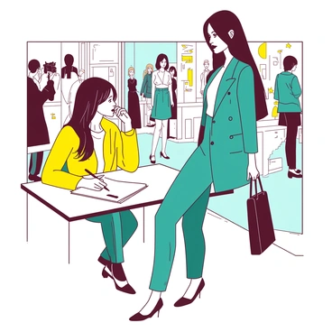 A yellow fashion illustrator is sitting at a small table, focused on sketching. The illustrator is drawing a model who is standing in front of them, wearing a stylish outfit composed of a fitted teal jacket and matching high-waisted trousers. The model poses confidently, with one hand on her hip and the other lightly touching her hair. In the background, a bustling fashion week scene is visible, with blurred silhouettes of other attendees and photographers capturing the excitement. The atmosphere is lively with splashes of color from the attendees' outfits.