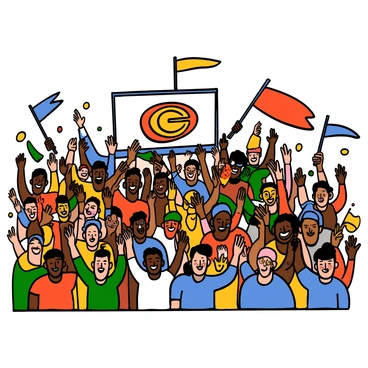 A vibrant scene of a crowded stadium filled with fans of various ethnicities, all cheering enthusiastically for their team. The fans are holding colorful banners and flags, some are wearing team jerseys and face paint in the team colors. Everyone is smiling and singing together, their arms raised in excitement. The energy is palpable as they chant in unison, creating a lively atmosphere filled with joy and support. The background shows a brightly lit scoreboard displaying the team's logo.