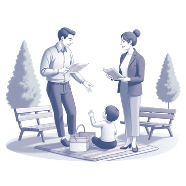 A financial advisor stands in a park, engaging with a single mother and her child. The advisor, wearing a professional outfit, gestures with an open hand while explaining a savings plan, showcasing a detailed brochure. The mother listens attentively, nodding as she holds her child's hand. The child, sitting on a picnic blanket, looks up with curiosity. Surrounding them are green trees and a few park benches, providing a serene backdrop for the discussion. A small picnic basket is placed beside them, adding to the casual atmosphere.