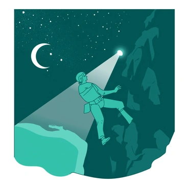A teal climber is scaling a rugged bouldering route, illuminated by a bright white headlamp attached to their forehead. The beam of light cuts through the dark, highlighting the textured surface of the rocks and revealing handholds and footholds. Above, a starry night sky is filled with shimmering stars and a crescent moon, creating a contrast against the deep darkness of the heavens. The climber is focused and determined, with their body tense as they reach for the next grip. The atmosphere is dynamic and adventurous, capturing the essence of night climbing in nature.