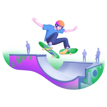 A skateboarder mid-air, attempting a trick but looking off-balance. The skateboarder is wearing a bright red helmet and a blue t-shirt, with a determined expression on their face. Their skateboard is a vivid design with green and yellow colors. Below, a concrete skate park with ramps and graffiti-covered walls is visible. A few spectators can be seen watching intently in the background.