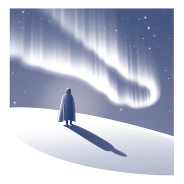 A shadowy figure stands on a snowy hill, silhouetted against the night sky. The figure appears to be cloaked, with the edges of the cloak merging into the darkness. Below, the snow glistens under the light of the northern lights. The auroras create flowing shapes, illuminating the sky with ethereal patterns. The scene is tranquil, with the vast expanse of the snow-covered landscape stretching out in every direction, punctuated only by the gentle contours of the hill.