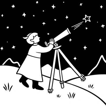 An elf with pointed ears and wearing a flowing robe is standing on a grassy hill. The elf is holding a telescope, peering through it with curiosity. The telescope is made of polished wood and has intricate carvings. Above, a sky filled with numerous shooting stars streaks across the night, creating trails of light. In the background, silhouettes of distant mountains create a serene horizon. The scene conveys a sense of wonder and exploration under the vast, starry sky.
