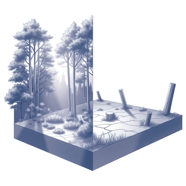 A split image depicting two contrasting landscapes. On the left side, a lush forest filled with tall trees, dense undergrowth, and vibrant foliage. Sunlight filters through the canopy, creating patterns of light and shadow on the forest floor. Various plants and small wildlife are visible among the trees. On the right side, a barren landscape devoid of vegetation, showcasing the stark effects of deforestation. The ground is cracked and dry, with fallen tree stumps scattered throughout. A sense of emptiness and desolation characterizes this side of the image.