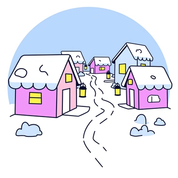 A cozy winter village with multiple small houses, each featuring a steep, snow-covered rooftop. The houses are painted in soft pastel colors, with warm light glowing from the windows. Along the pathways, there are lit lanterns hanging from posts, casting a gentle yellow light amidst the white snow. In the foreground, there are snowdrifts and small bushes blanketed in snow, creating a serene winter scene. The sky above is a clear blue, indicating a bright and crisp winter day.