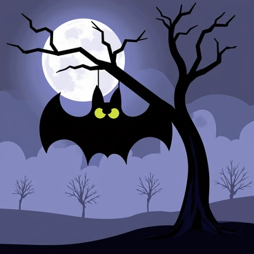 A spooky bat with large, dark wings is hanging upside down from a gnarled branch of a bare tree. The bat's eyes glow with an eerie green light. The background is filled with thick, swirling fog that envelops the scene, creating a mysterious atmosphere. Silhouettes of additional leafless trees can be seen in the distance, contributing to the Halloween vibe. A full moon illuminates the night sky, casting soft shadows around the bat and tree.