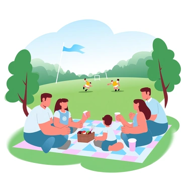A family is sitting on a colorful picnic blanket spread across the grass. There are various picnic items laid out, including a basket filled with sandwiches and fruit, and drinks in colorful cups. The family consists of a man, a woman, and two children, each engaged in enjoying their food. In the background, a flag football game is taking place, with players in bright jerseys running across the field. The park is surrounded by lush green trees and a clear blue sky, creating a vibrant atmosphere. A large flag is hoisted high above the game area, adding to the festive scene.