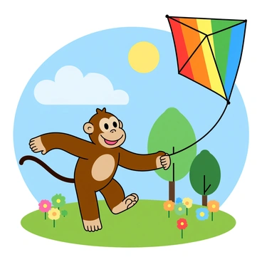 A cheerful monkey with brown fur and large expressive eyes is flying a vibrant, multi-colored kite. The kite features a rainbow pattern with bright red, yellow, green, and blue sections. The monkey is standing on a green grassy patch in a park, surrounded by colorful flowers and a few tall trees in the background. The sun is shining brightly in a clear blue sky, casting a warm light on the scene. The monkey is playfully holding the kite string, with a big smile on its face, enjoying the gentle breeze.