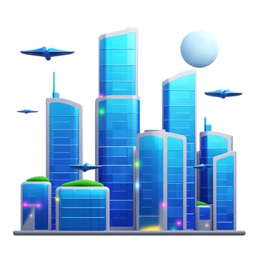 A futuristic city skyline featuring tall, sleek skyscrapers with glass facades reflecting sunlight. The buildings have unique geometric shapes and are interconnected by flying walkways. Hovering vehicles zip through the air, while green rooftop gardens are visible atop the skyscrapers. Neon lights illuminate the structures, creating a vibrant atmosphere. In the background, a large moon can be seen, adding to the otherworldly feel of the scene.