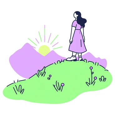 A woman is standing on a hilltop, looking out towards the horizon. She has long hair flowing in the gentle breeze and is dressed in a light, flowing dress. In front of her, the sun is rising, casting rays of light that illuminate the landscape. The hilltop is adorned with patches of grass and small wildflowers. Below the hill, a valley is visible, with silhouettes of distant mountains against the sky. The sky is transitioning from deep blue to lighter tones, signaling the beginning of a new day. The woman appears contemplative as she takes in the view.