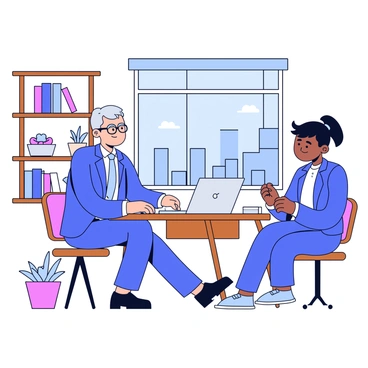 An experienced professional with gray hair and glasses is sitting at a wooden desk in a modern office. The professional is wearing a sharp business suit, and they are engaged in conversation with a young person who has short, dark hair and is dressed in casual office attire. The young person is attentively listening and taking notes on a small notepad. Around them are shelves with books and plants, and a large window shows a view of a cityscape outside. A laptop is open on the desk, displaying a presentation.