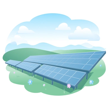 A vast solar farm featuring numerous solar panels arranged in sleek rows, reflecting sunlight. Each panel is angled perfectly to capture the maximum amount of energy. Surrounding the solar panels is a green landscape with grass and a few scattered wildflowers, emphasizing the connection to nature. A clear blue sky overhead stretches far into the horizon, showcasing a few fluffy white clouds. In the background, gentle hills rise, enhancing the serene atmosphere of the renewable energy site.