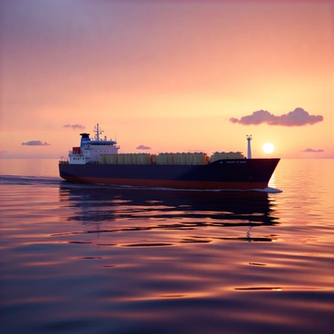 A fuel barge with a long, rectangular shape and a dark blue hull is sailing across a calm sea. The barge has several large fuel tanks on its deck and a small cabin at the front. The water is smooth and undisturbed, reflecting the vibrant colors of the sunset. The sky is filled with shades of orange, pink, and purple, creating a warm glow that is mirrored in the gentle waves. The distant horizon is visible, with a few fluffy clouds catching the last light of the day.