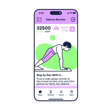 A digital illustration of a fitness app interface displaying a knee plank exercise. In the center, there is a person performing a knee plank on a fitness mat. The individual, with short hair, is in a bent-arm position, with elbows aligned under the shoulders and knees touching the ground. The background features a green-and-purple gradient design, highlighting the app's aesthetic. On one side of the interface, there are metrics such as time elapsed and calories burned, displayed in a digital format. Below the exercise illustration, there are step-by-step instructions presented in an easy-to-read format.