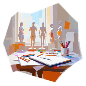 A creative workspace featuring an assortment of drawing tools including colored pencils, charcoal sticks, and sketch pads scattered across a large wooden table. In the background, several anatomical models of the human body are positioned on shelves, showcasing various parts such as limbs and the torso. The walls are adorned with sketches and reference images, providing inspiration. A large window allows natural light to flood the space, illuminating the artistic surroundings and casting soft shadows.