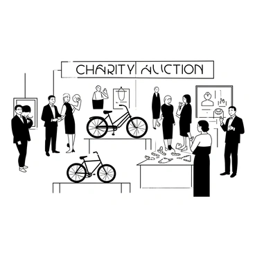 A spacious room filled with elegantly decorated tables, each showcasing various items for bid. A large banner reading "Charity Auction" is displayed prominently in the background. On one table, there is a vintage bicycle with intricate details and polished chrome. Another table features a collection of fine jewelry, including necklaces and bracelets arranged neatly. A third table showcases artwork framed beautifully, with paintings and sculptures that draw attention. Guests are mingling, wearing formal attire, including suits and evening gowns, some holding paddles to indicate their bids. The atmosphere is lively yet focused, with soft lighting illuminating the items on display.