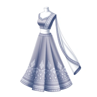 A bridal lehenga displayed prominently. The lehenga features a flared silhouette that flows elegantly to the ground. It is adorned with intricate embroidery patterns, showcasing detailed motifs of flowers and geometric shapes across the fabric. The embroidery covers the hemline of the skirt and is repeated in layers, creating a rich texture. The waistband is embellished with decorative elements that enhance the overall design. Accompanying the lehenga is a matching choli, which is fitted and also features similar embroidery patterns. A dupatta drapes gracefully over one shoulder, intricately bordered to complement the lehenga's design.