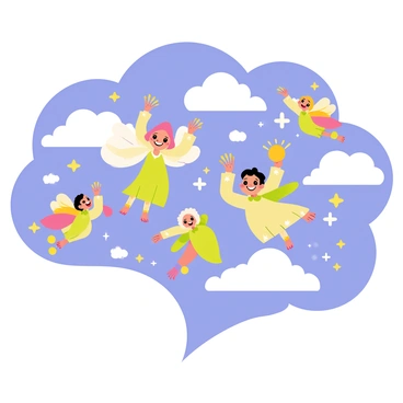 A group of friendly sky spirits with colorful, flowing hair soaring through fluffy white clouds. Each spirit has a unique design, wearing flowing garments that shimmer in the sunlight. They have bright smiles on their faces, radiating joy as they interact with one another. Some spirits are playfully tossing small, glowing orbs of light, while others are gliding gracefully, leaving trails of sparkles behind them in the sky. The background is filled with a vibrant blue sky, enhancing the cheerful atmosphere of the scene.