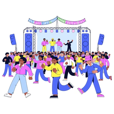 A large music festival scene with a colorful crowd of people dancing energetically. Various individuals are wearing bright clothing, with some holding drinks and others swaying to the rhythm of the music. In the background, a large stage is set up with bright lights illuminating the performers. There are speakers on either side of the stage, and banners with musical notes hanging above. The atmosphere is lively and filled with excitement as attendees enjoy the live performances.