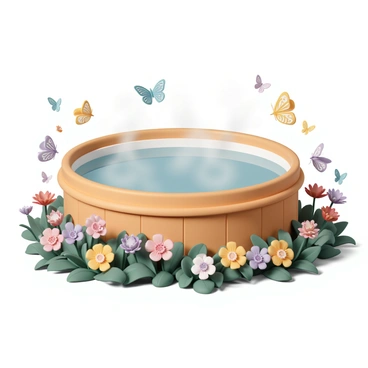 A hot tub in a private garden with colorful flowers and butterflies fluttering around