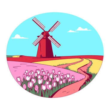 A red windmill with white sails stands tall against a bright blue sky in the background. In the foreground, vibrant fields of pink and yellow tulips stretch across the land, swaying gently in the breeze. The tulip fields create a colorful patchwork, with rows of tulips contrasting against the green grass. A narrow path winds through the tulip fields, leading towards the windmill, inviting viewers into the scene.