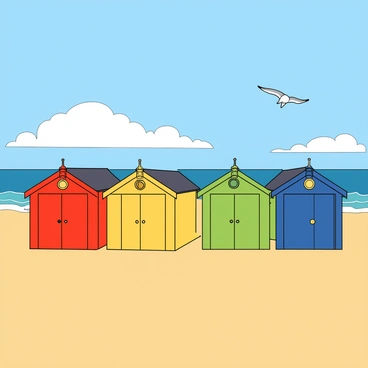 A scenic view of a vibrant English seaside scene. In the foreground, there are several colorful beach huts lined up along a sandy beach. Each beach hut has a distinct color, including bright red, sunny yellow, deep blue, and soft green, creating a lively display. The huts have wooden doors and small windows, and a few have bunting hanging from the eaves. The sandy beach stretches out beneath a clear blue sky, with fluffy white clouds dotting the horizon. In the background, gentle waves lap at the shore, and a few seagulls can be seen soaring above.