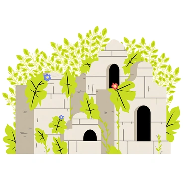 An illustration of ancient ruins depicted on an 8x10 board. The ruins consist of crumbling stone structures, with broken columns and archways partially reclaimed by nature. Overgrown vegetation, including vines and large green leaves, envelops the stones. Small colorful flowers peek through the cracks in the ruins, adding splashes of color to the scene. The background features a dense tapestry of leafy plants and trees, suggesting a lush environment surrounding the ruins.