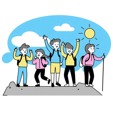 A group of hikers, wearing colorful jackets and backpacks, stands triumphantly at the summit of "Pico Ruivo." They are surrounded by a breathtaking view of clouds below them, which creates a sea of white fluffiness. The sun is shining brightly, casting shadows on the rocky terrain. Each hiker has a look of accomplishment, with one person raising their hands in victory. To the side, a rocky outcrop provides a natural ledge where a hiking pole is resting. The hikers are positioned against a backdrop of a clear blue sky.