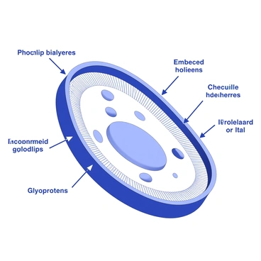 A detailed illustration of the cell membrane of an animal cell. The membrane is depicted as a thin, flexible barrier surrounding the cell. It features various components such as phospholipid bilayers, embedded proteins, and cholesterol molecules. Each component is clearly labeled with arrows pointing to them. There are glycoproteins and glycolipids represented on the outer surface of the membrane, indicated as well. The overall structure emphasizes the complex and organized nature of the cell membrane's architecture.
