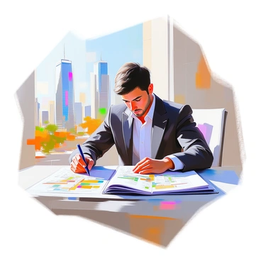 An urban planner with medium skin tone and short black hair is seated at a desk, intently reviewing an illustrated report. The planner is dressed in a smart casual outfit, consisting of a dark blazer and a light shirt. The report features colorful diagrams and images showcasing various city development projects. In the background, a skyline is visible, dominated by several modern skyscrapers with glass facades reflecting the sunlight. The scene conveys a sense of focus and ambition as the planner studies the materials, with a city map spread out on the desk beside them.