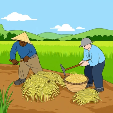 A vibrant scene of farmers harvesting rice in a lush green paddy field. Two farmers, one with dark skin and wearing a wide-brimmed straw hat, and the other with light skin and a blue shirt, are bending over to cut bundles of ripe golden rice stalks. Their hands are skillfully maneuvering sickles to gather the rice, while their woven baskets sit nearby, filled with freshly cut rice. The paddy field is surrounded by tall green grass and a few trees in the background, with gentle hills rolling in the distance under a bright blue sky with fluffy white clouds. The sunlight casts soft shadows on the ground, highlighting the rich texture of the soil.