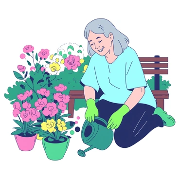 An older person with gray hair wearing a light blue shirt and green gardening gloves is kneeling in a vibrant garden. The garden is filled with a variety of blooming flowers in shades of pink and yellow, creating a lively atmosphere. The person is gently watering the flowers using a teal watering can, with a smile on their face reflecting their care for the plants. Nearby, there are several colorful pots holding more flowers, and a small wooden garden bench is partially visible in the background, surrounded by lush green foliage.