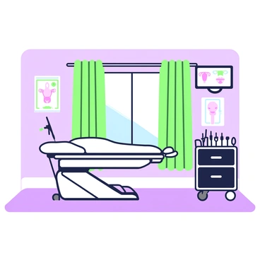 A procedure room is prepared for a vasectomy. The room features a medical examination table in the center with crisp white linens. To the right of the table, there is a small cart containing various surgical instruments neatly organized. On the wall, a mounted monitor displays anatomical diagrams relevant to the procedure. A large window allows natural light to enter, and in front of it, there are green curtains that can be drawn for privacy. The floor is tiled in a light hue, and the walls are adorned with medical posters that provide information about male reproductive health.