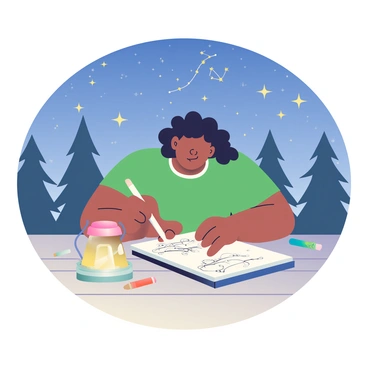 An illustrator with medium skin and curly black hair is sitting at a wooden table with a sketchbook open in front of her. She is using a white pencil to draw a detailed illustration of stars and constellations. The night sky above her is clear, filled with twinkling stars and different constellations visible. The table is surrounded by various art supplies, including colored pencils and brushes. A small lantern sitting on the table casts a warm glow, illuminating her workspace. In the background, silhouettes of tall trees are visible against the night sky.