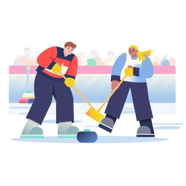 Two players are energetically sweeping the ice in front of a moving curling stone. The first player has short brown hair and is wearing a red and black jacket, gloves, and black pants. They are focused on the curling stone, which is a deep blue color, as it glides smoothly across the ice. The second player, with long blonde hair tied back in a ponytail, is dressed in a white and blue jersey, matching gloves, and dark pants. They are using a broom with a bright yellow head to sweep the ice vigorously. The setting includes clean, white ice with visible sweeping marks and the background shows an arena with cheering spectators.